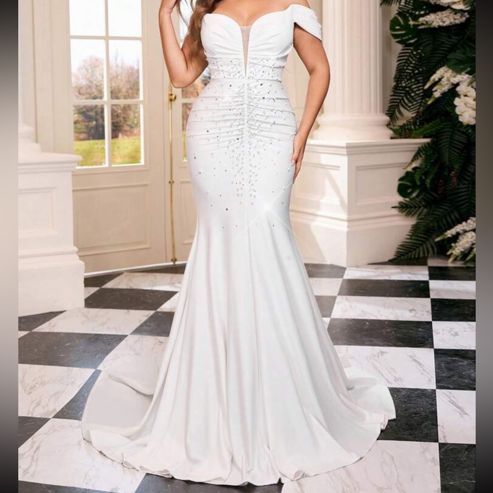 White Sequin Embellished Off The Shoulder Wedding Gown